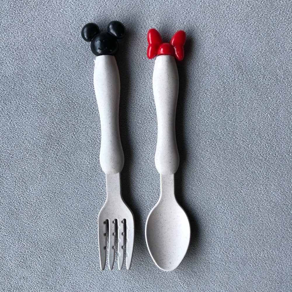 Set of 2 Utensils ~ Spoon & Fork ~ Minnie Mickey ~ Eggshell ~ Brand New!